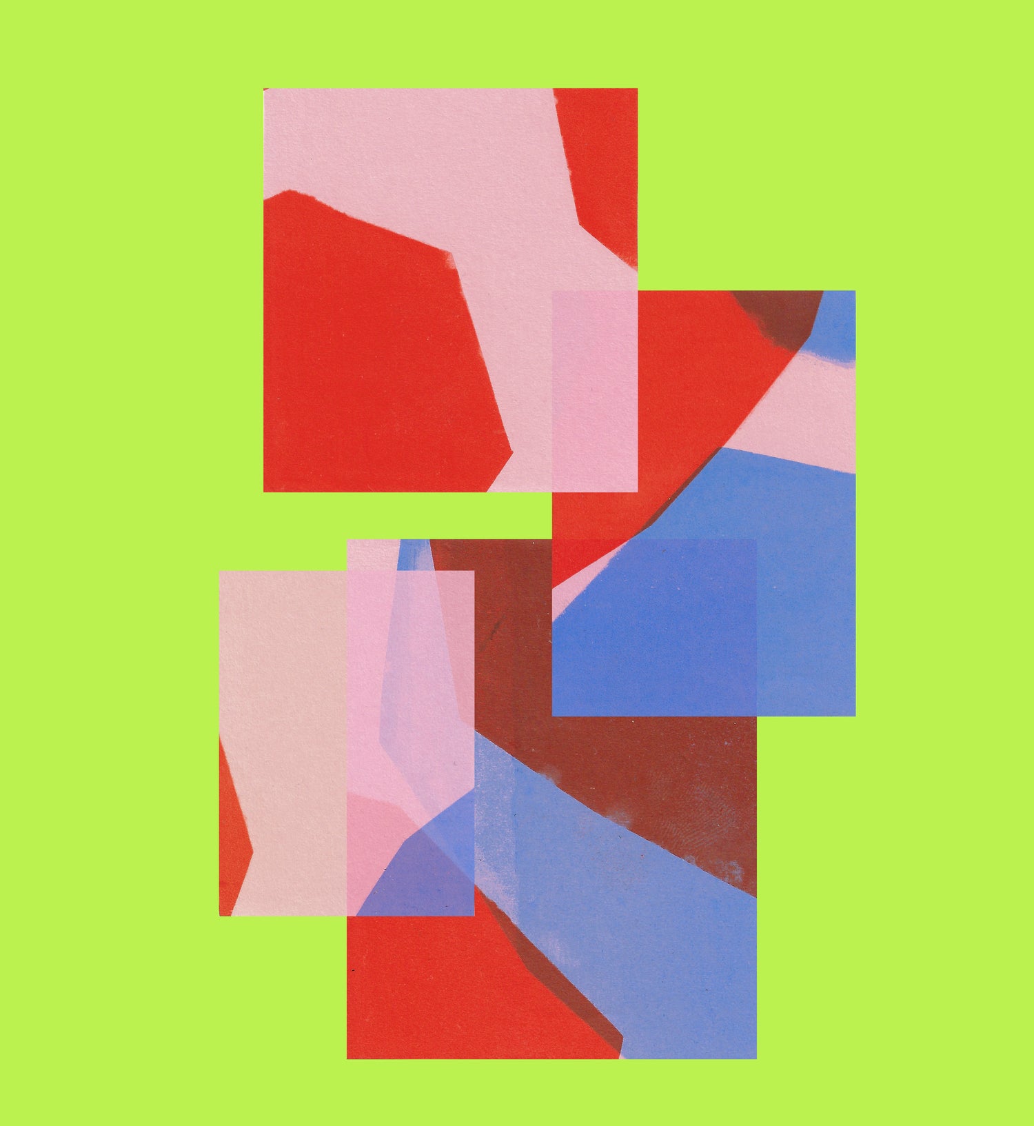 A collage, on an acid green background, of a screenprint of red and blue shapes on pink paper, which overlap eachother