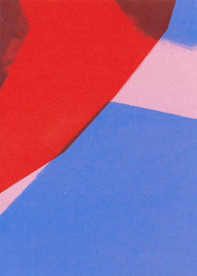 Screenprint of red and blue shapes on a pink background